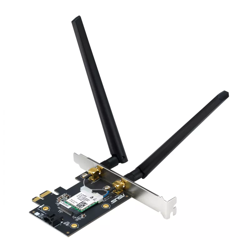 Internal WLAN Bluetooth Adapter ASUS PCE-BE6500 — PCIe, Tri-band Wi‑Fi 6E/7 (2.4/5/6 GHz), Bluetooth 5.4, 2882 Mbps, external antenna, black
