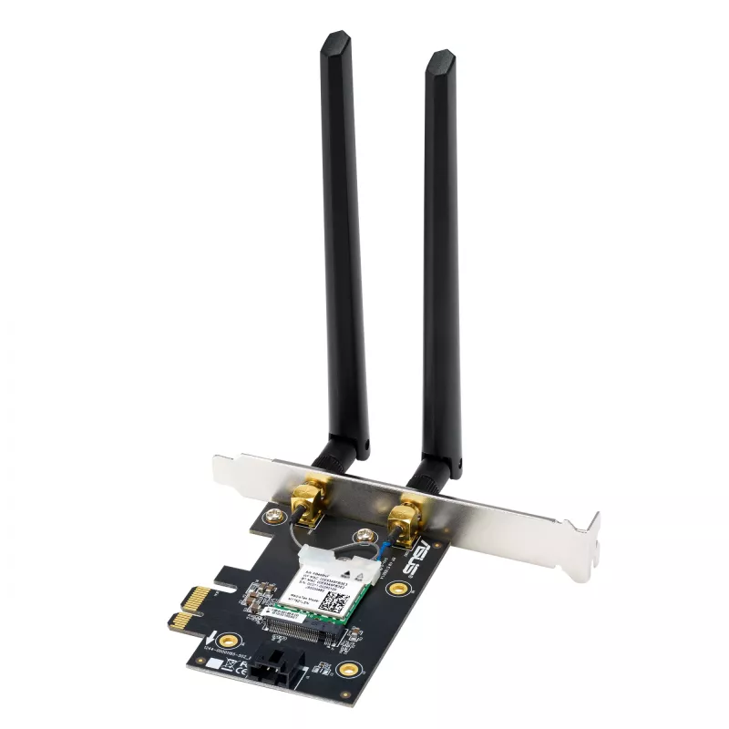 Internal WLAN Bluetooth Adapter ASUS PCE-BE6500 — PCIe, Tri-band Wi‑Fi 6E/7 (2.4/5/6 GHz), Bluetooth 5.4, 2882 Mbps, external antenna, black
