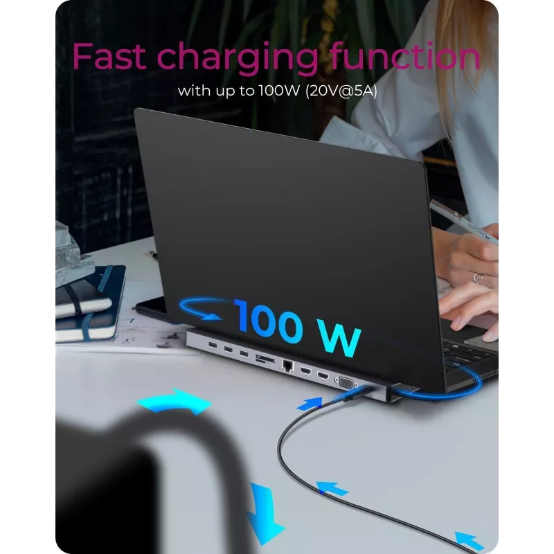 ICY BOX 11-in-1 via USB Type-C, Wired, USB 3.2 Gen 1 (3.1 Gen 1) Type-C, 100 W, 3.5 mm, 10,100,1000 Mbit/s, Anthracite, Black