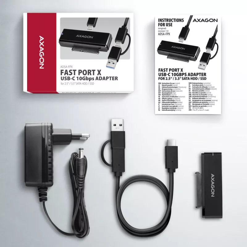 Axagon ADSA-FPX USB-C 10Gbps FAST PORT X adapter for 2.5 inch/3.5 inch SSD/HDD