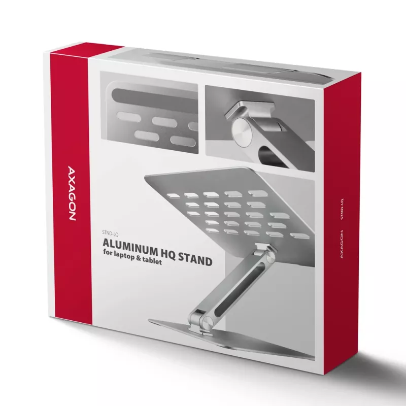 Axagon STND-LQ stand for notebooks and tablets 10 inch–17.3 inch. Adjustable height and angle