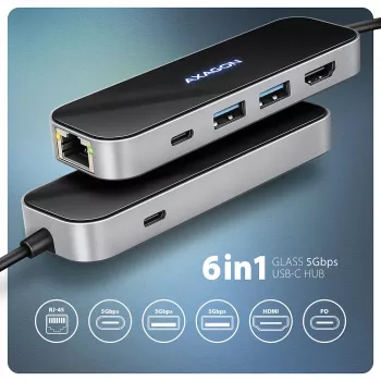 Axagon HMC-6GLN USB 5Gbps hub, 2x USB-A, USB-C, HDMI 4k/60Hz, RJ-45, PD 100W, USB-C cable