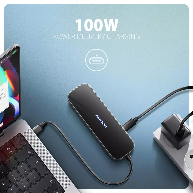 Axagon HMC-6GLN USB 5Gbps hub, 2x USB-A, USB-C, HDMI 4k/60Hz, RJ-45, PD 100W, USB-C cable