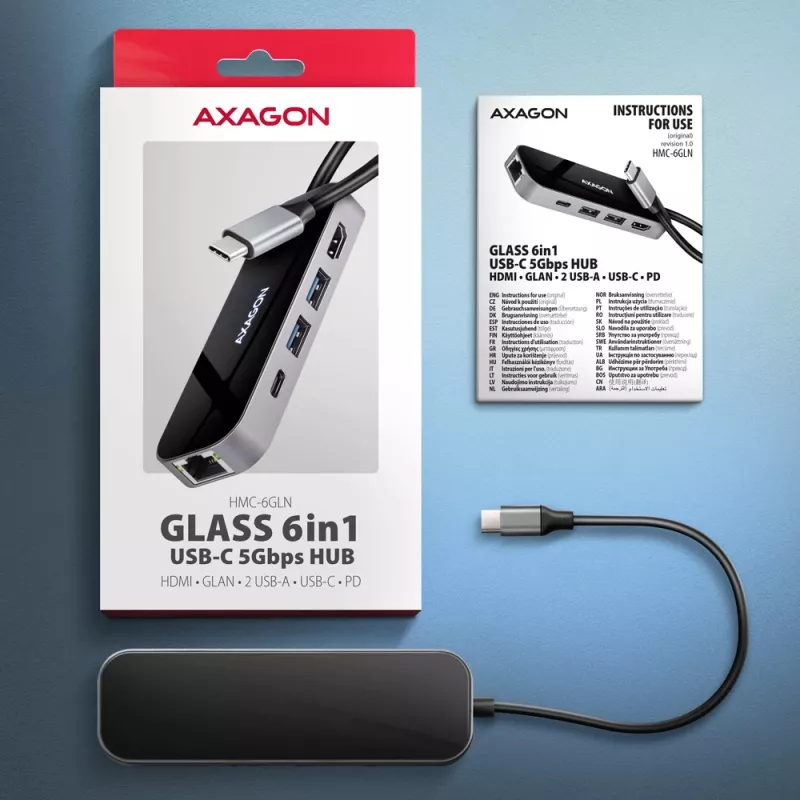 Axagon HMC-6GLN USB 5Gbps hub, 2x USB-A, USB-C, HDMI 4k/60Hz, RJ-45, PD 100W, USB-C cable