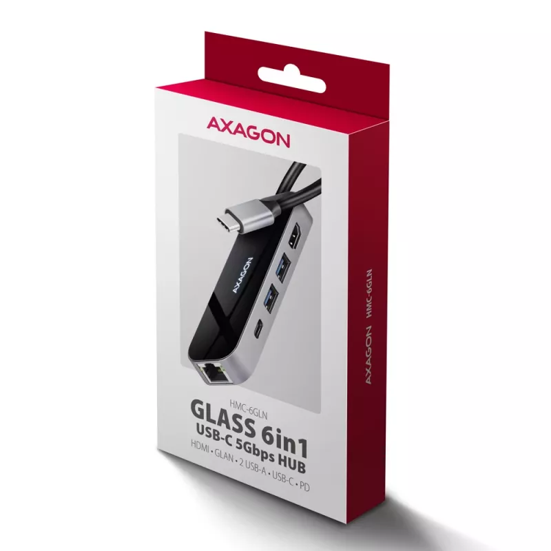 Axagon HMC-6GLN USB 5Gbps hub, 2x USB-A, USB-C, HDMI 4k/60Hz, RJ-45, PD 100W, USB-C cable