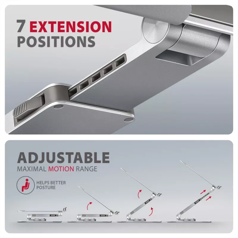 Axagon STND-LR Aluminum stand with 360° rotation for laptops 10 inch–17.3 inch. Adjustable height and angle.