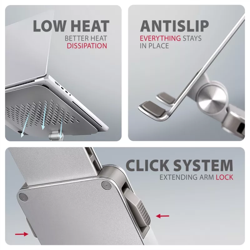 Axagon STND-LR Aluminum stand with 360° rotation for laptops 10 inch–17.3 inch. Adjustable height and angle.