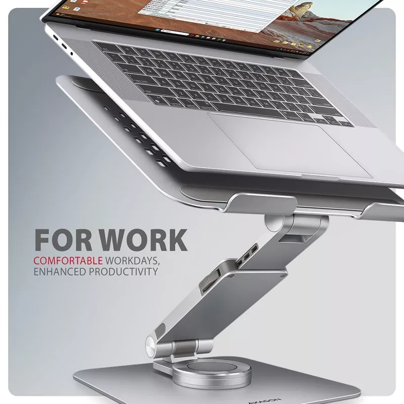 Axagon STND-LR Aluminum stand with 360° rotation for laptops 10 inch–17.3 inch. Adjustable height and angle.