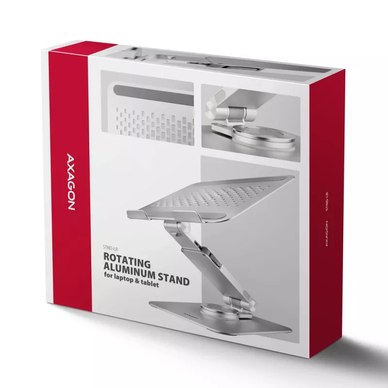 Axagon STND-LR Aluminum stand with 360° rotation for laptops 10 inch–17.3 inch. Adjustable height and angle.