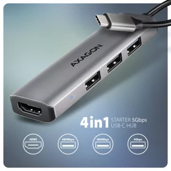 Axagon HMC-H3A USB 5Gbps hub, 3x USB-A, HDMI 4k/30Hz, 15cm USB-C cable
