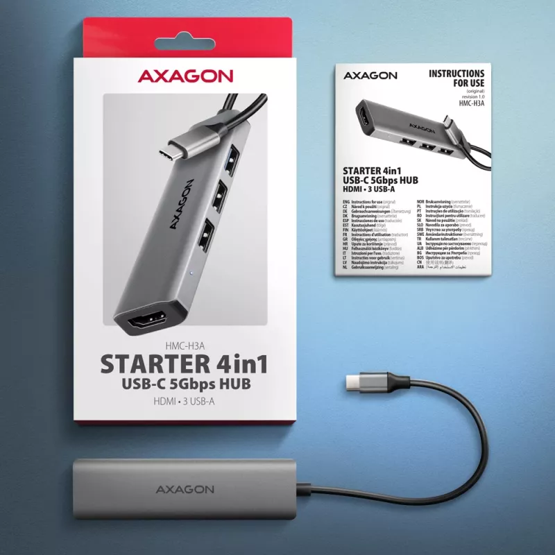 Axagon HMC-H3A USB 5Gbps hub, 3x USB-A, HDMI 4k/30Hz, 15cm USB-C cable