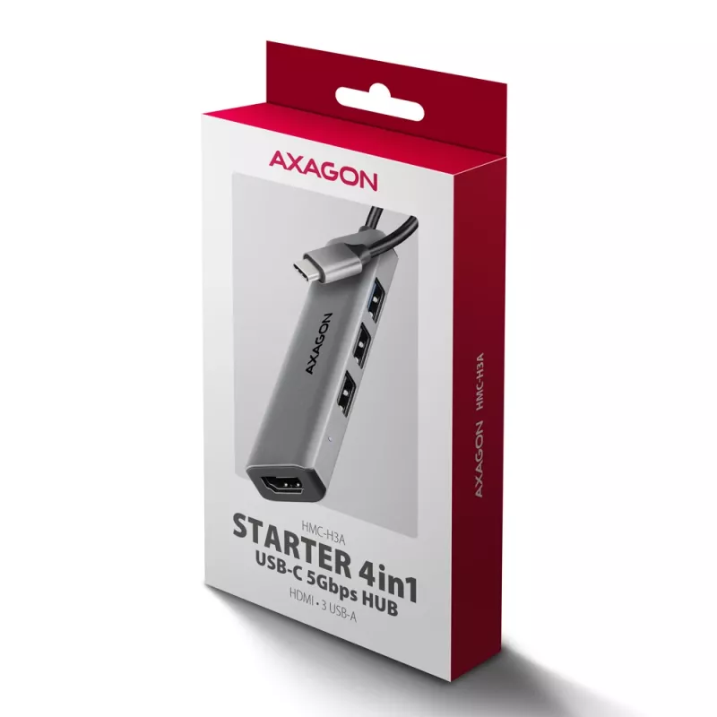 Axagon HMC-H3A USB 5Gbps hub, 3x USB-A, HDMI 4k/30Hz, 15cm USB-C cable