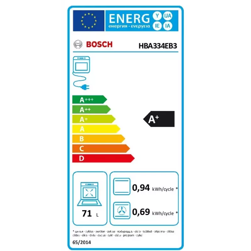 Built-in electric oven Bosch Serie 4 HBA334EB3, 71 L, black, 3400 W, EcoClean+Hydrolytic, 3D hot air, grill, digital timer
