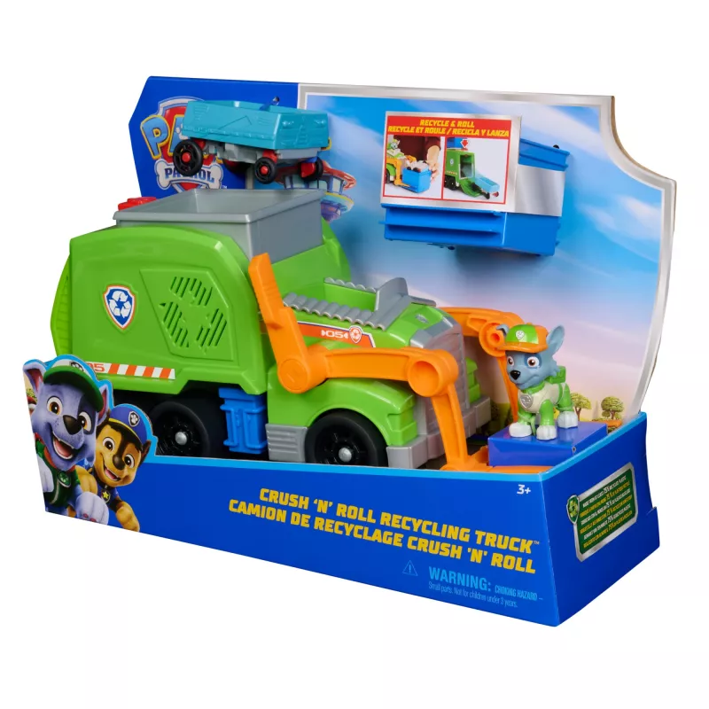 PAW Patrol : Crush N’ Roll Recycling Truck with Rocky Action Figure & Transforming Compacted Trash Vehicle, Kids Toys for Boys & Girls Ages 3 and up
