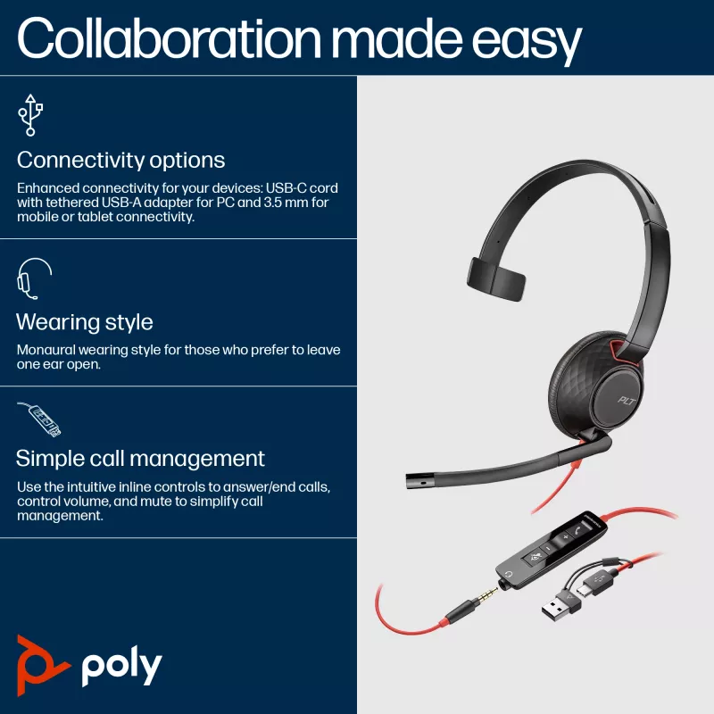 HP Poly Blackwire 5210 Monaural USB-C Headset +3.5mm Plug +USB-C/A Adapter