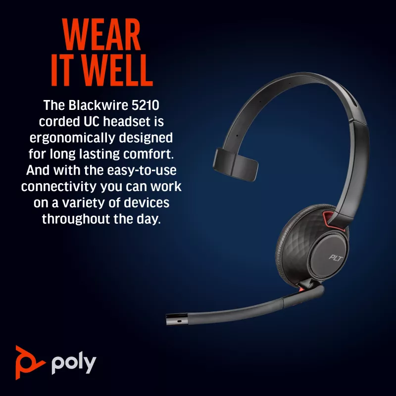 HP Poly Blackwire 5210 Monaural USB-C Headset +3.5mm Plug +USB-C/A Adapter