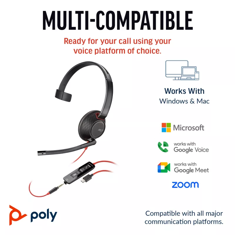 HP Poly Blackwire 5210 Monaural USB-C Headset +3.5mm Plug +USB-C/A Adapter