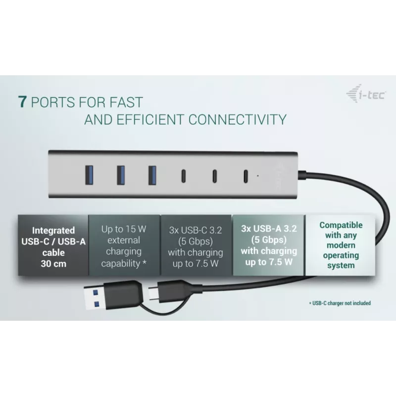 i-tec USB-C/USB-A Charging Metal HUB 7 port (3x USB-C, 4x USB-A)