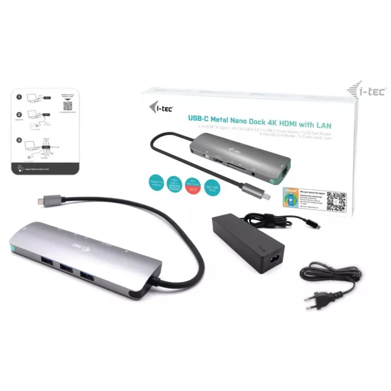 i-tec USB-C Metal Nano Docking Station 4K HDMI LAN with Power Delivery 100W + Universal Charger 100W