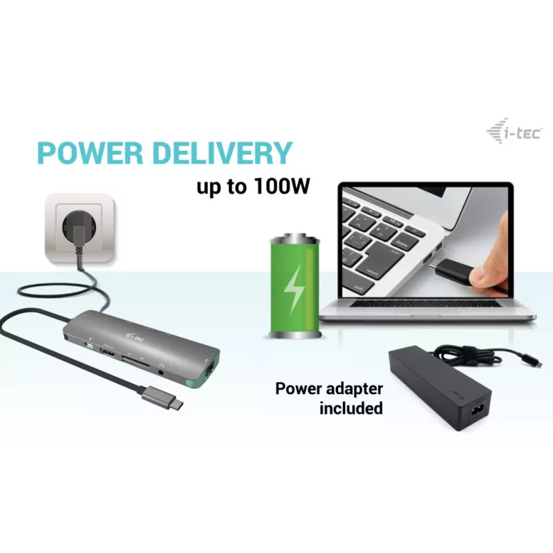 i-tec USB-C Metal Nano Docking Station 4K HDMI LAN with Power Delivery 100W + Universal Charger 100W