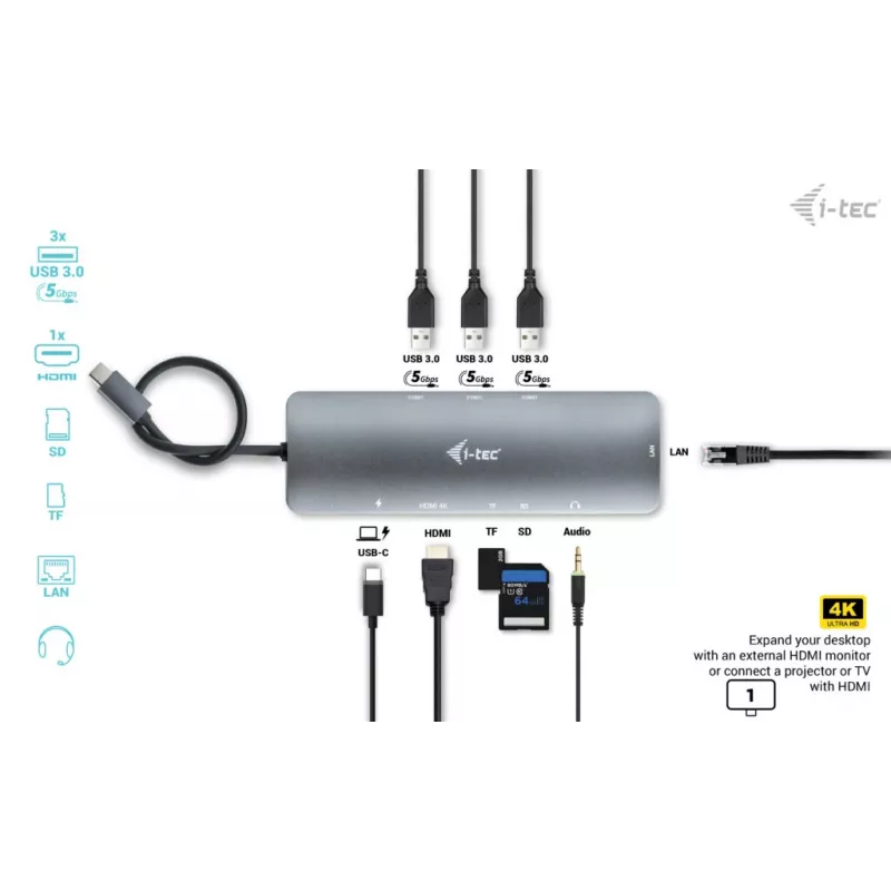 i-tec USB-C Metal Nano Docking Station 4K HDMI LAN with Power Delivery 100W + Universal Charger 100W