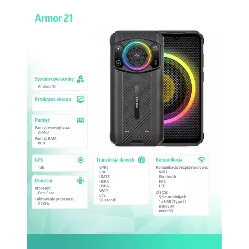 Smartphone UleFone Armor 21 — 6.58 inch display, 8 GB RAM, 256 GB storage, Black
