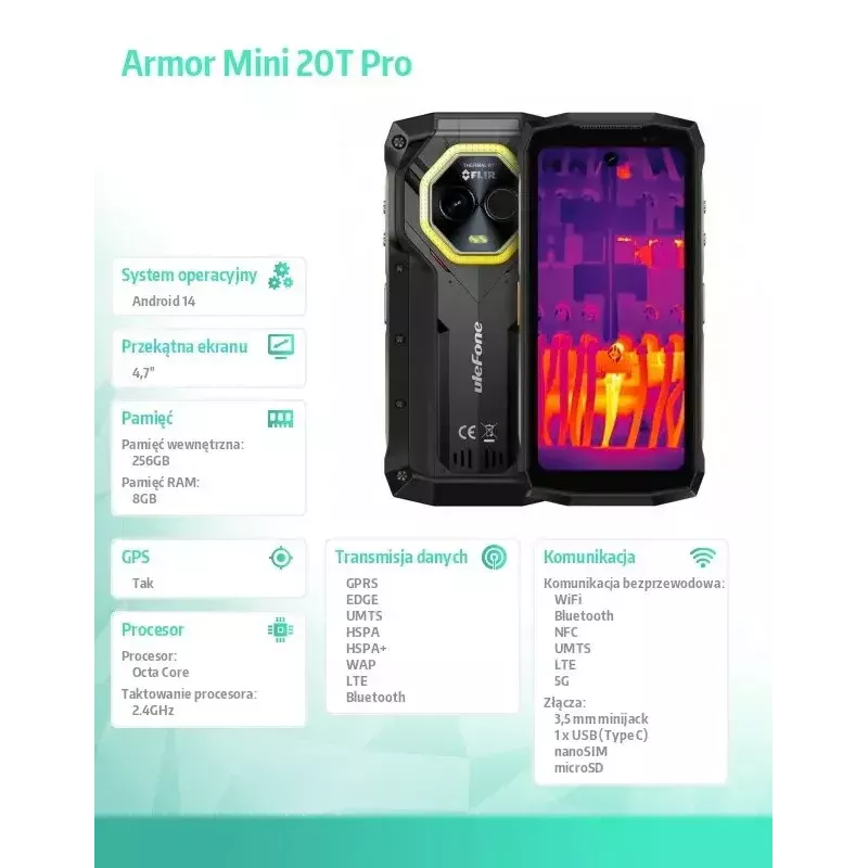 Smartphone UleFone Armor Mini 20T Pro 5G, 4.7-inch display, 8GB RAM, 256GB storage, Black
