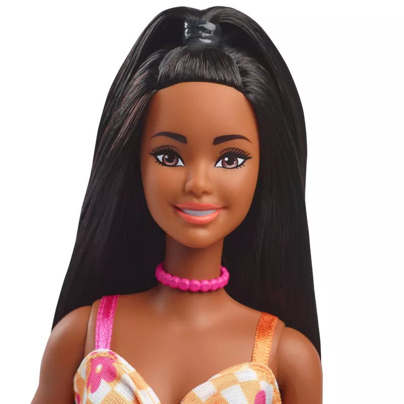 Barbie Fashionistas Doll #233 in Checkered Flower Midi Dress, Black Hair