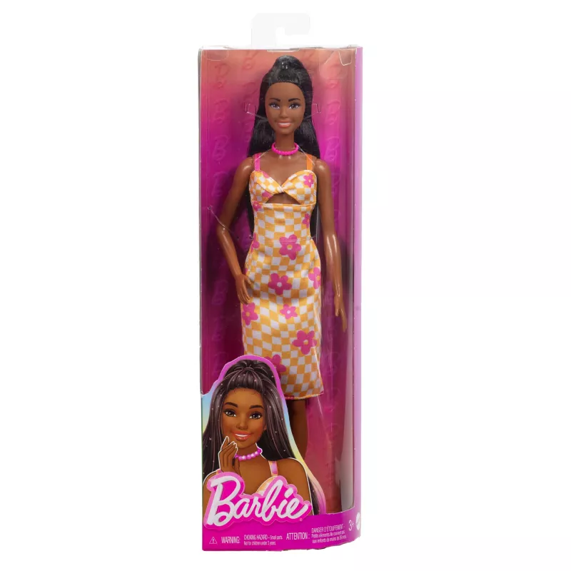 Barbie Fashionistas Doll #233 in Checkered Flower Midi Dress, Black Hair