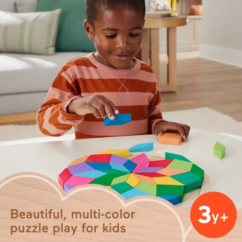 Fisher-Price Wooden Mandala Geometric Puzzle for Toddlers & Kids, 40 Wood Pieces