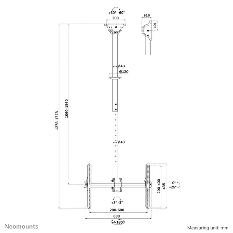 Neomounts CL35-440BL16L Monitor/TV mount ceiling 37-70 inch - h 106-156 cm