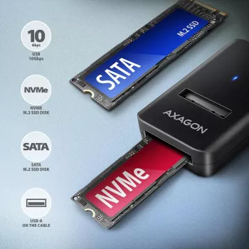 SSD enclosure AXAGON ADM2-AM USB-A 10Gbps for single M.2 NVMe/SATA drive, USB 3.2 Gen 2, 10 cm cable, black