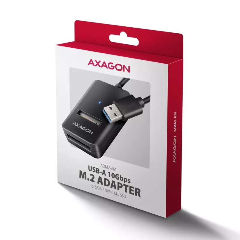 SSD enclosure AXAGON ADM2-AM USB-A 10Gbps for single M.2 NVMe/SATA drive, USB 3.2 Gen 2, 10 cm cable, black