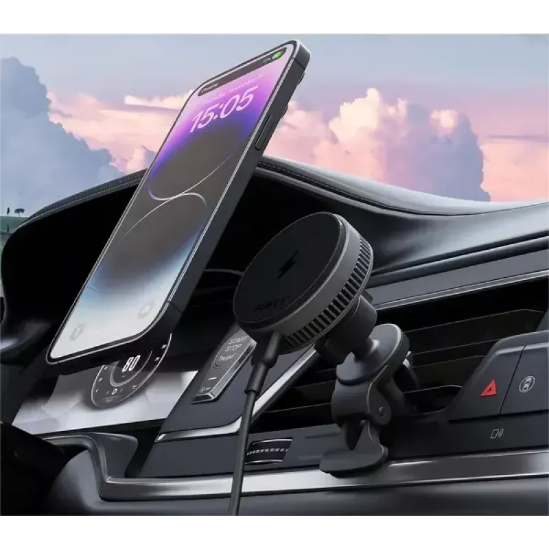 Aukey Wireless Charging Mount HD-MC13A MagSafe-compatible air vent car mount for iPhone, 15W wireless charging