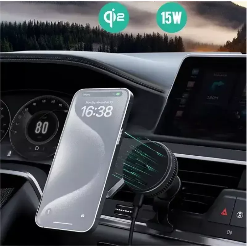 Aukey Wireless Charging Mount HD-MC13A MagSafe-compatible air vent car mount for iPhone, 15W wireless charging