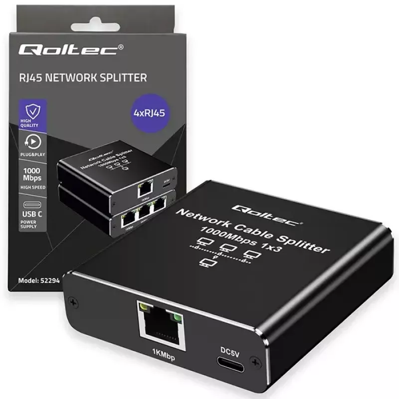 Ethernet splitter QOLTEC 52294 1x3 RJ45 with USB-C power input