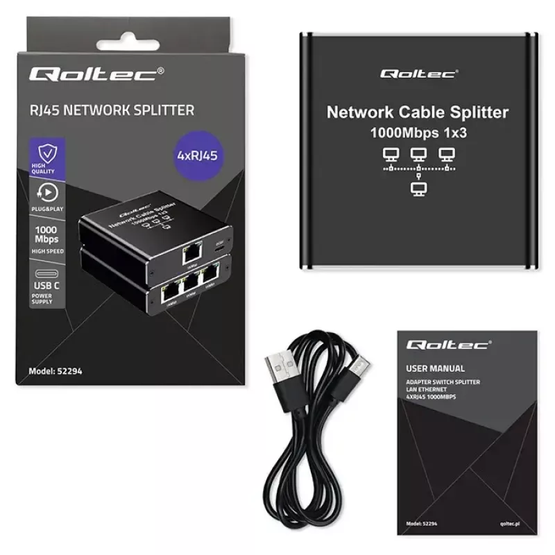 Ethernet splitter QOLTEC 52294 1x3 RJ45 with USB-C power input