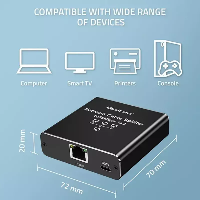 Ethernet splitter QOLTEC 52294 1x3 RJ45 with USB-C power input
