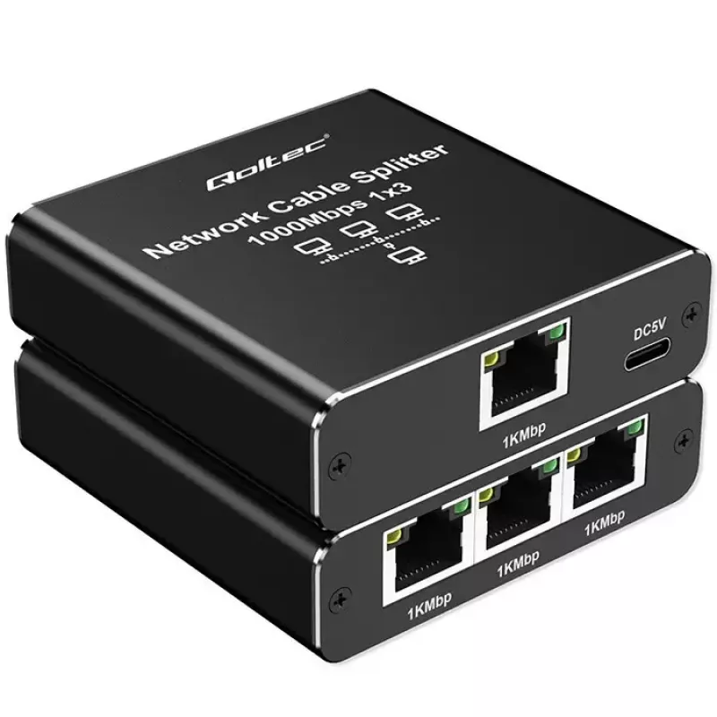 Ethernet splitter QOLTEC 52294 1x3 RJ45 with USB-C power input