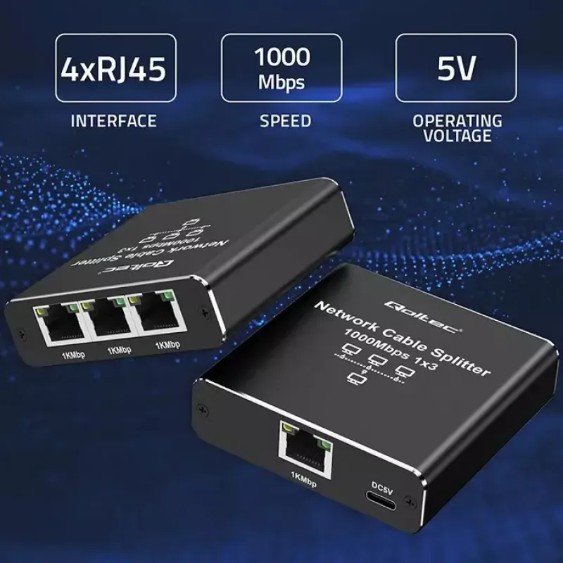 Ethernet splitter QOLTEC 52294 1x3 RJ45 with USB-C power input