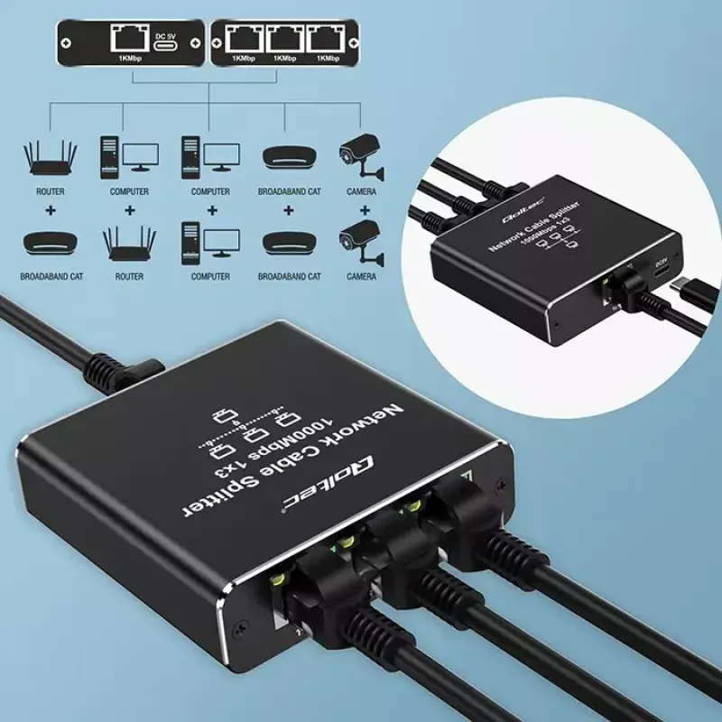 Ethernet splitter QOLTEC 52294 1x3 RJ45 with USB-C power input