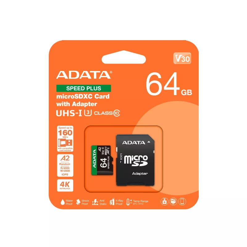 MicroSDXC Card ADATA Speed Plus 64GB UHS Class 3 Model UD64GUI3V30A2SP-RA1