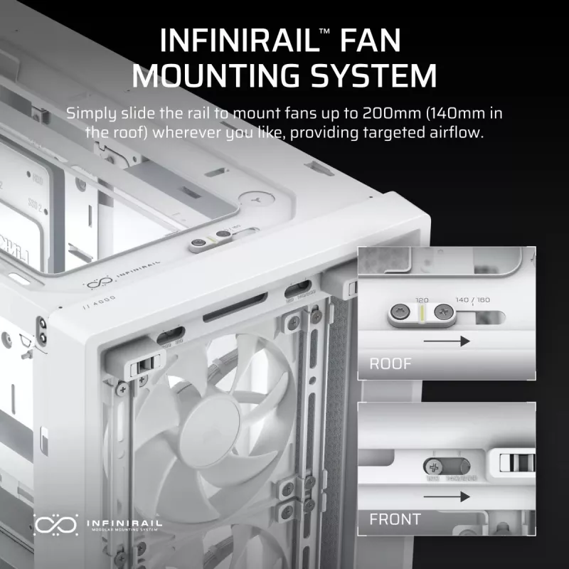 PC case CORSAIR FRAME 4000D RS Midi Tower White — ATX, tempered glass, 3x120mm front fans, supports 360/240/140mm radiators
