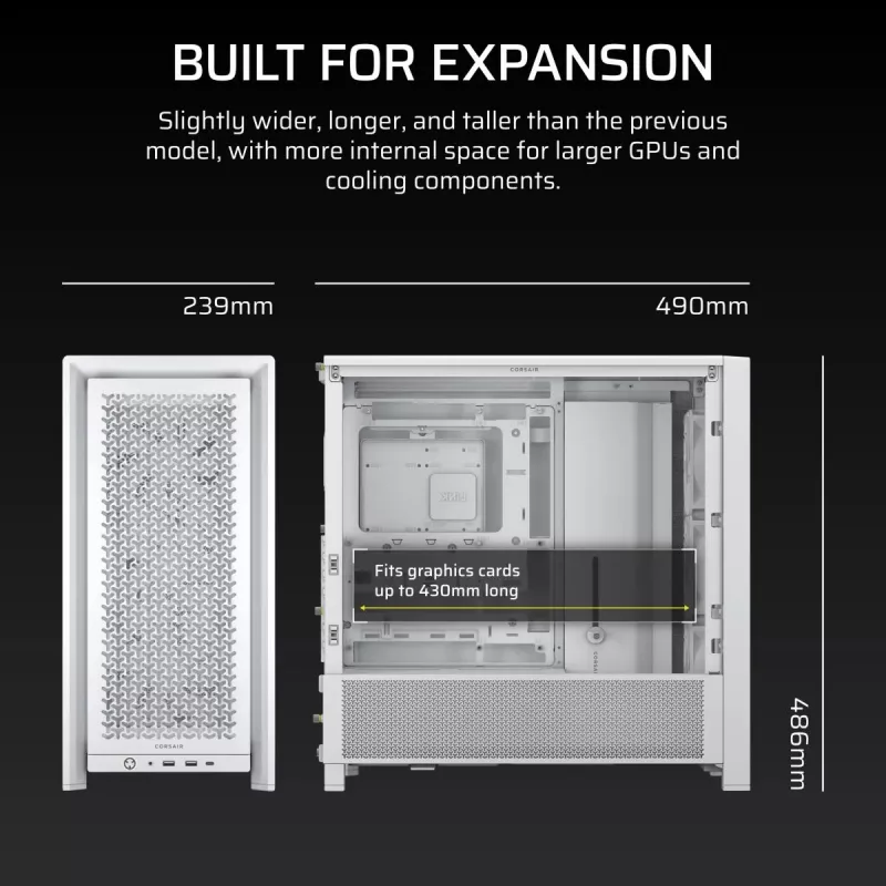 PC case CORSAIR FRAME 4000D RS Midi Tower White — ATX, tempered glass, 3x120mm front fans, supports 360/240/140mm radiators