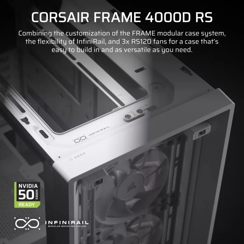 PC case CORSAIR FRAME 4000D RS Midi Tower White — ATX, tempered glass, 3x120mm front fans, supports 360/240/140mm radiators