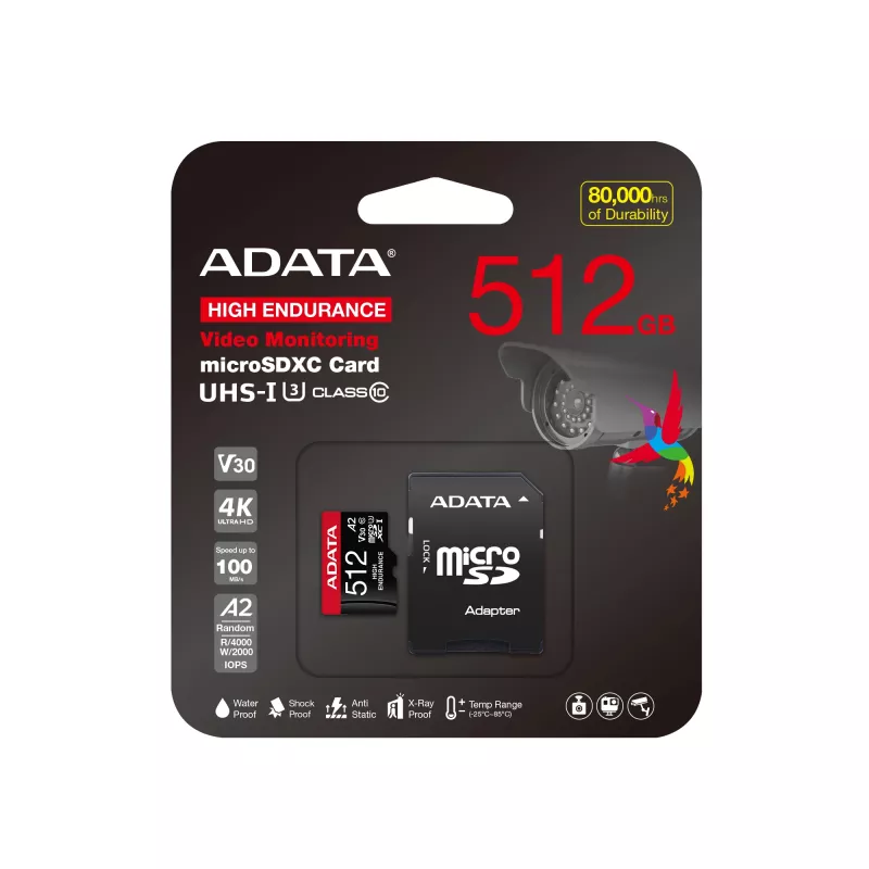 MicroSDXC memory card ADATA 512GB UHS‑I U3 V30 Class 10 A2, 100/85 MB/s, waterproof