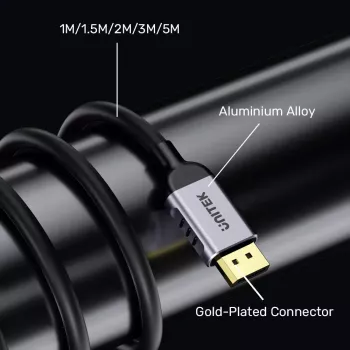 DisplayPort cable Unitek C1628GY01-2M — 2 m, DisplayPort 2.1, 7680×4320 @ up to 240 Hz, 32.4 channels, tinned copper