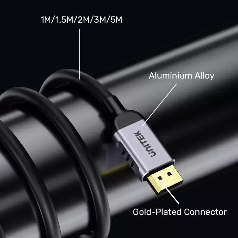 DisplayPort cable Unitek C1628GY01-2M — 2 m, DisplayPort 2.1, 7680×4320 @ up to 240 Hz, 32.4 channels, tinned copper