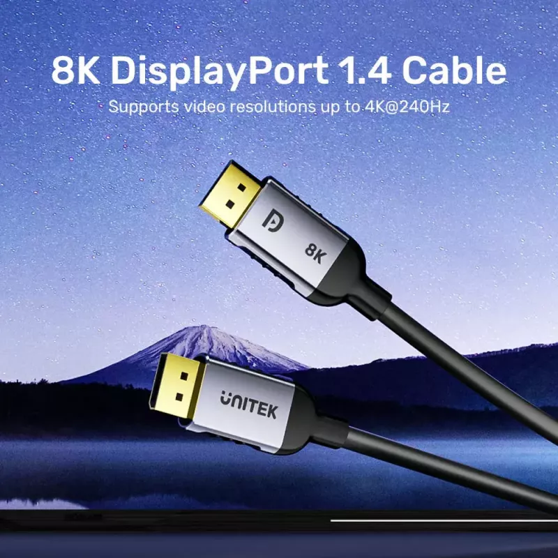 DisplayPort cable Unitek C1628GY01-2M — 2 m, DisplayPort 2.1, 7680×4320 @ up to 240 Hz, 32.4 channels, tinned copper