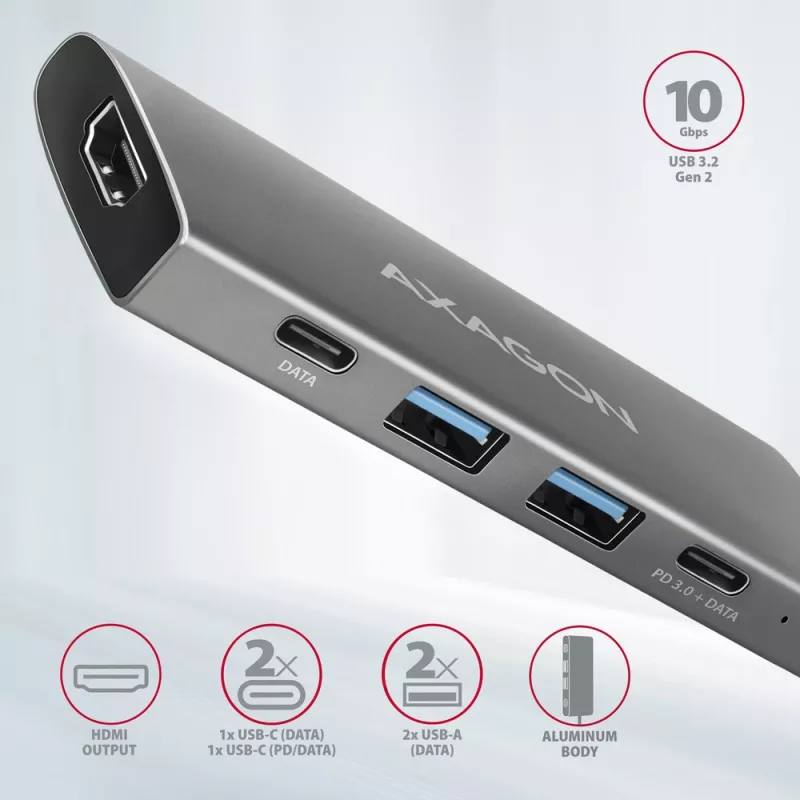 Axagon HMC-5G21 USB 10Gbps hub, 2x USB-A, 2x USB-C, HDMI 4k/30Hz, PD 60W, USB-C cable